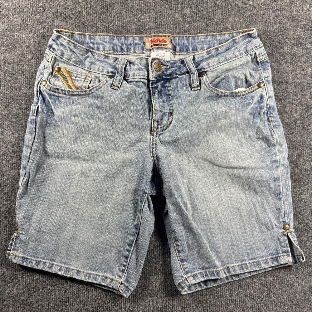 Vintage No Boundaries Denim Bermuda Shorts Size 9 Rainbow Pocket Embroidered Y2K